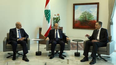 Designated Prime Minister Mustapha Adib, meets with Lebanon's President Michel Aoun and Lebanese Speaker of the Parliament Nabih Berri at the presidential palace in Baabda, Lebanon August 31, 2020. REUTERS/Mohamed Azakir