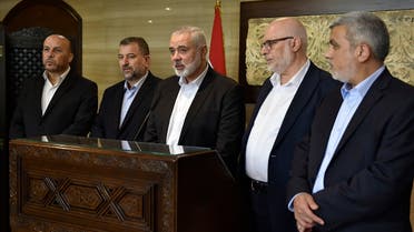 A handout picture provided by the Lebanese Parliament press office shows Hamas Chief Ismail Haniyeh (C) giving a press statement after meeting with the parliament speaker at the Ain el-Tineh palace in Beirut on September 2, 2020. (AFP)