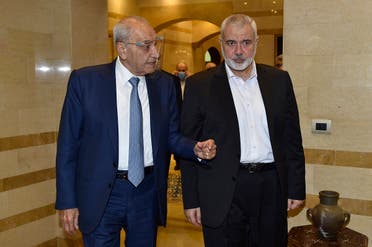Lebanese Parliament Speaker Nabih Berri (L) receives Hamas Chief Ismail Haniyeh at the Ain el-Tineh palace in Beirut on September 2, 2020. (AFP)