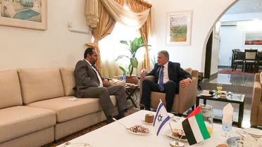 UAE official Khalifa Al Mehrizi, left, with Israeli official Shimon Ben-Shoshan, right, in Nigeria. (Twitter)