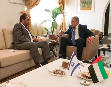 UAE official Khalifa Al Mehrizi, left, with Israeli official Shimon Ben-Shoshan, right, in Nigeria. (Twitter)