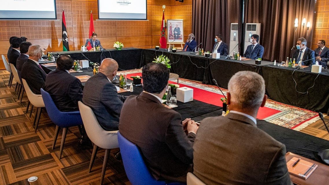 Nasser Bourita, Morocco's Minister of Foreign Affairs and International Cooperation, chairs a meeting of representatives of Libya's rival administrations in the coastal town of Bouznika, south of Rabat. (AFP)