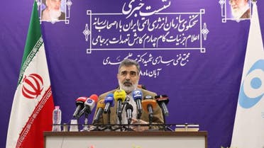 A handout picture released by Iran's Atomic Energy Organization on November 9, 2019, shows spokesman for the organisation Behrouz Kamalvandi speaking during a press conference at the Fordo (Forwdow) Uranium Conversion Facility in Qom, about 130 kilometres south of the capital Tehran. Iran said it is now enriching uranium to five percent, after a series of steps back from its commitments under a troubled 2015 accord with major powers. The deal set a 3.67 percent limit for uranium enrichment but Iran announced it would no longer respect it after Washington unilaterally abandoned the agreement last year and reimposed crippling sanctions. 
