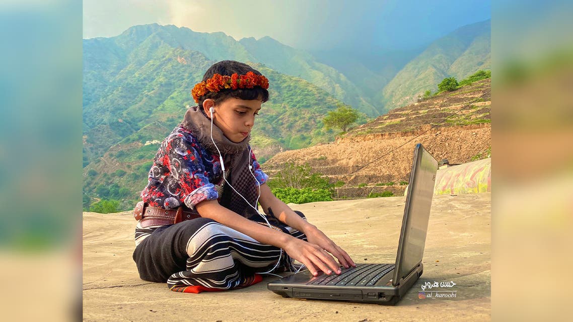 A young Saudi Arabian boy takes part in distance learning in Jazan, Saudi Arabia. (Twitter)