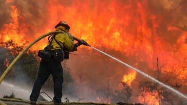 San Miguel County Firefighters battle a brush fire along Japatul Road during the Valley Fire in Jamul, California on September 6, 2020. (AFP)