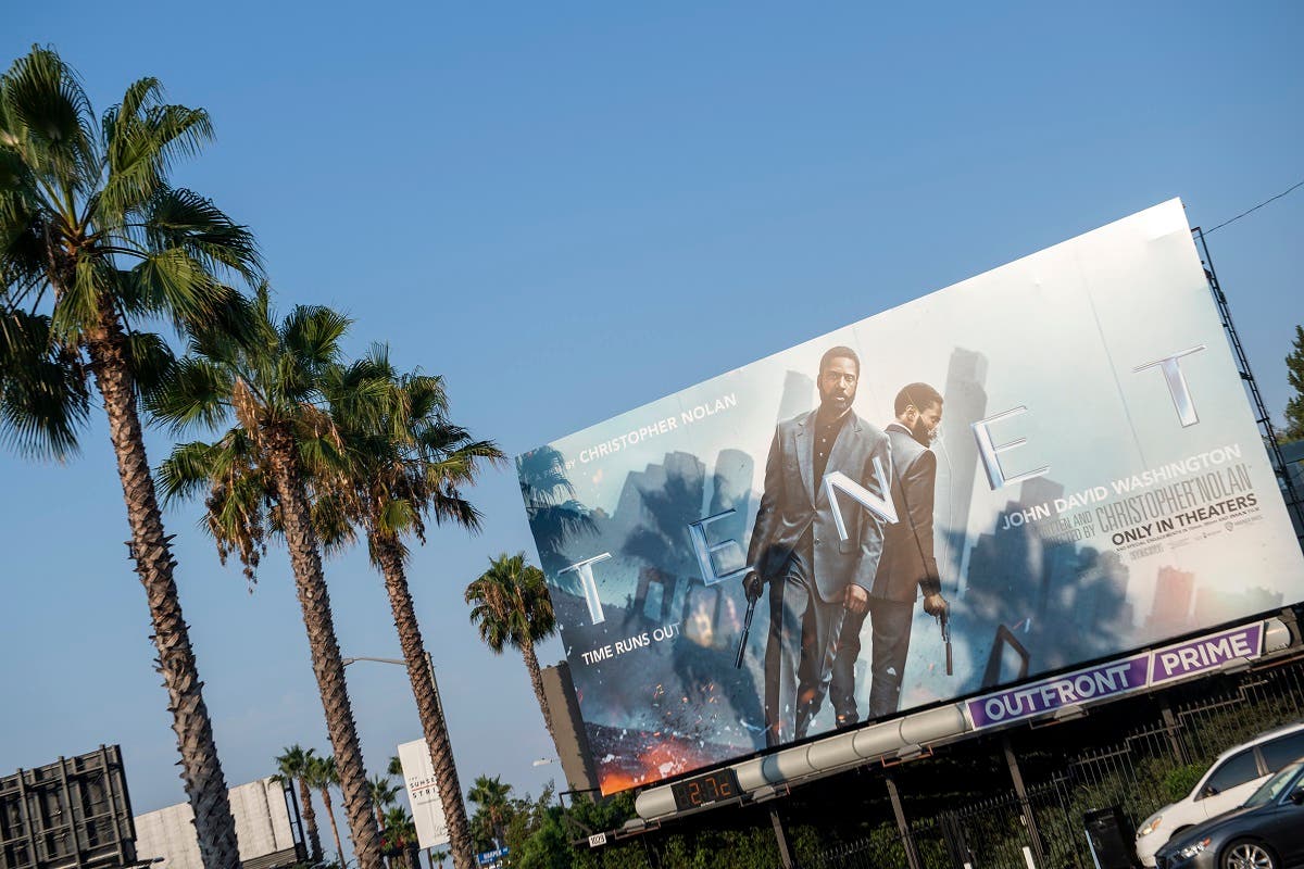 This photo taken on August 19, 2020 shows a billboard for Christopher Nolan's film Tenet on the Sunset Strip, August 19, 2020, in West Hollywood, California. (AFP)