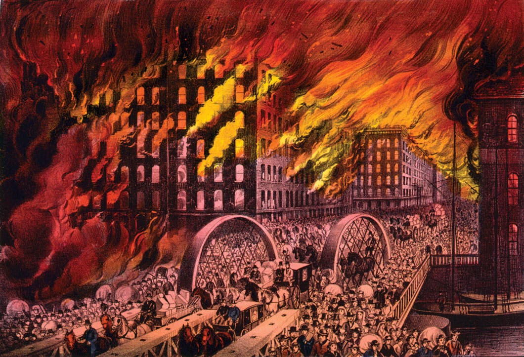 رسم تخيلي يجسد هروب الأهالي بسبب حريق شيكاغو