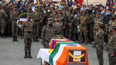 Indian soldiers pay their respects during the funeral of their comrade, Tibetan-origin India's special forces soldier Nyima Tenzin in Leh on September 7, 2020. (AFP)