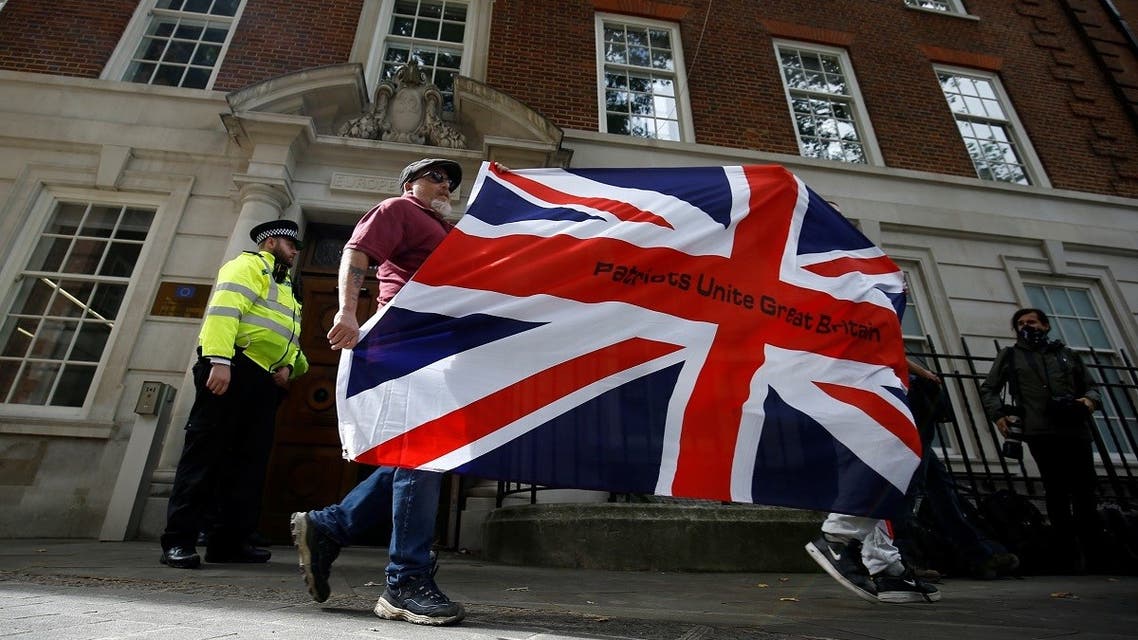 Brexit supporters protest at the Europe House in London, Britain, on September 9, 2020. (Reuters)