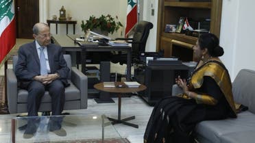 Lebanese President Michel Aoun meets with Sri Lankan Ambassador to Lebanon Shani Calyaneratne Karunaratne. (Lebanese Presidency via Twitter)