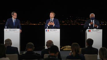 French President Emmanuel Macron (C) speaks during the closing press conference of the seventh MED7 Mediterranean countries summit with Cyprus President Nikos Anastasiadis and Portugal's Prime Minister Antonio Costa. (AFP)