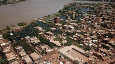 An aerial view shows buildings and roads submerged by floodwaters near the Nile River in South Khartoum. (Reuters)