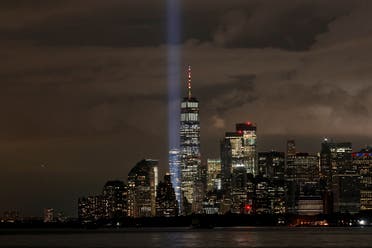 The Tribute in Light installation is tested over lower Manhattan and One World Trade Center, Sept. 10, 2020. (Reuters)