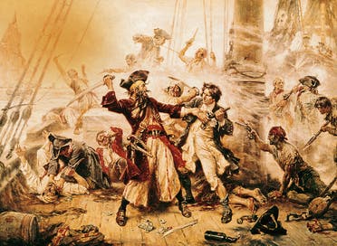 لوحة تجسد معركة بين البحرية البريطانية وعدد من القراصنة