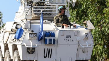 United Nations peacekeeping force (UNIFIL) patrol near the village of Mais el Jabal, along the southern Lebanese border with Israel on August 26, 2020. (AFP)
