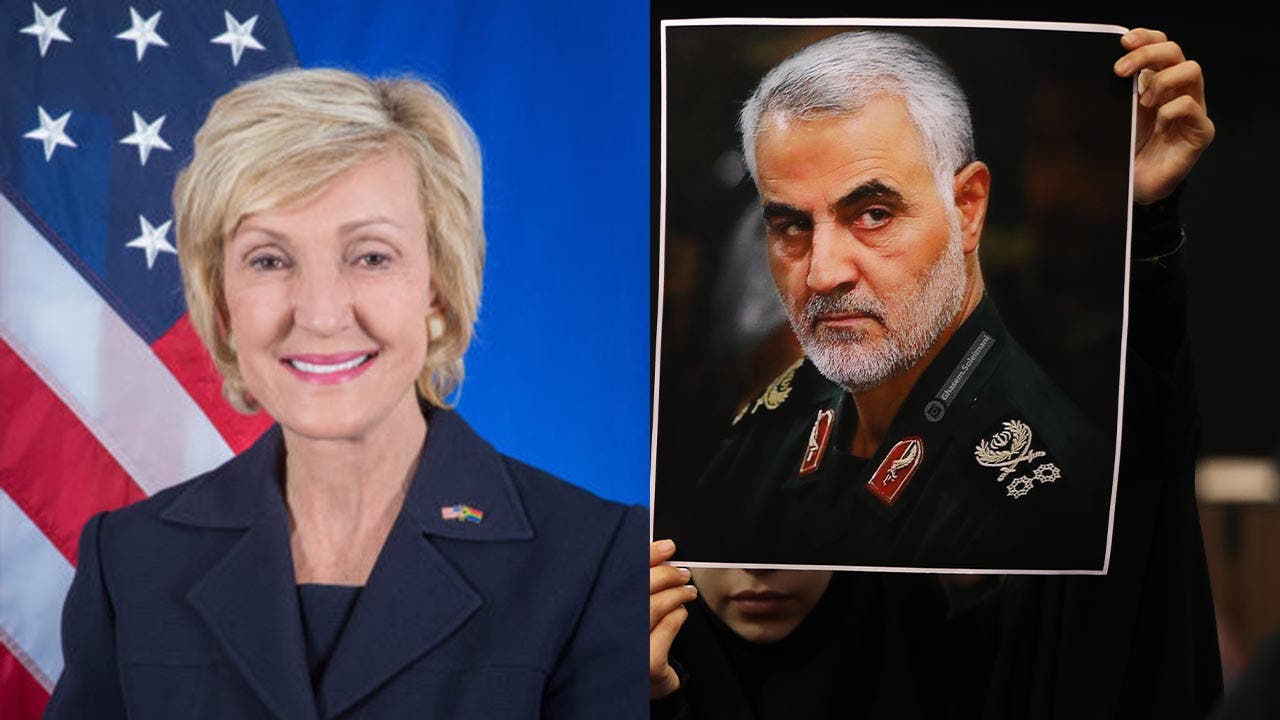 US Ambassador Lana Marks, left, and a photo of late Iranian military commander Qassem Soleimani, right.