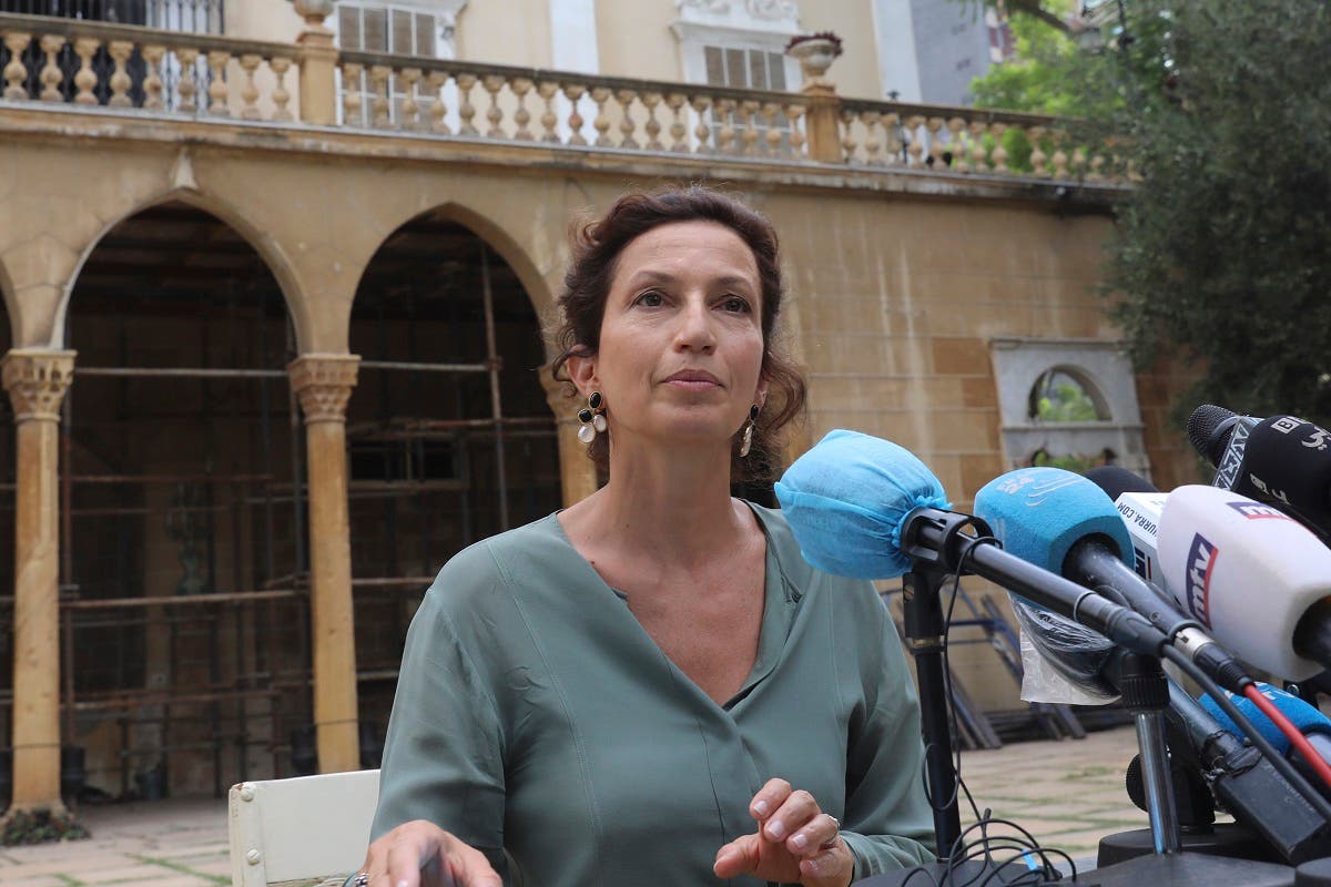 UNESCO Director-General Audrey Azoulay speaks during a press conference at Sursock Palace which was damaged by the colossal explosion at the port, in Lebanon's capital Beirut on August 27, 2020. (AFP)