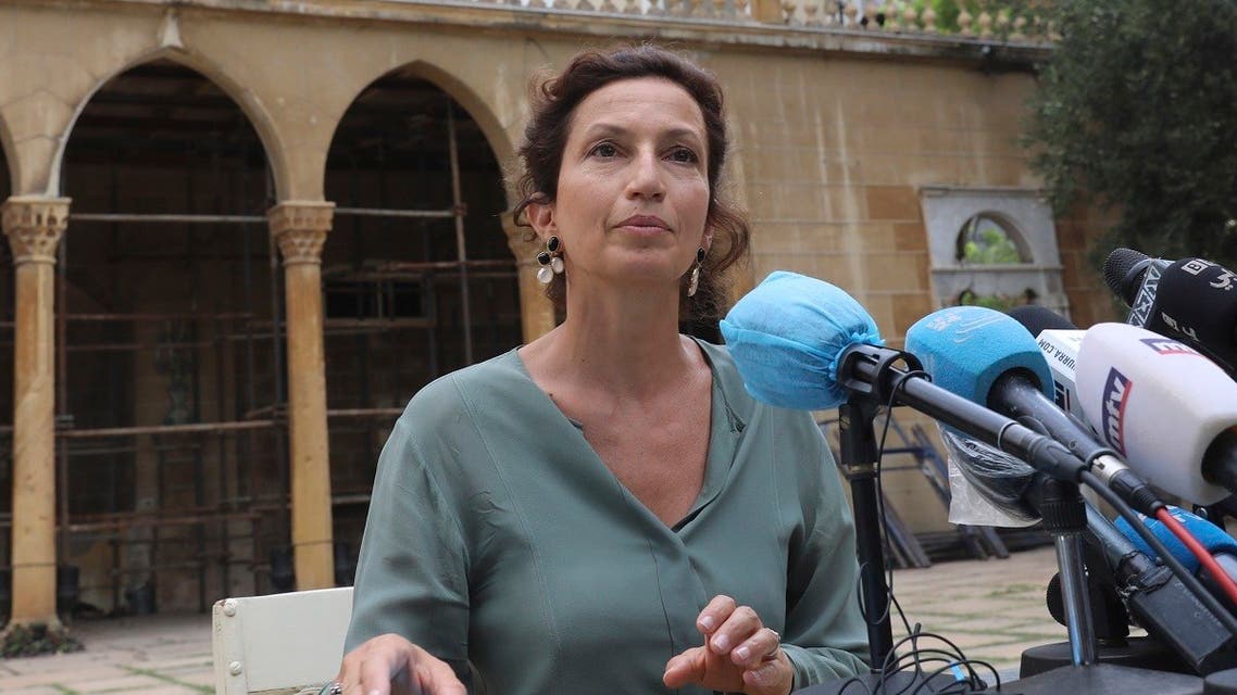 UNESCO Director-General Audrey Azoulay speaks during a press conference at Sursock Palace which was damaged by the colossal explosion at the port, in Lebanon's capital Beirut on August 27, 2020. (AFP)