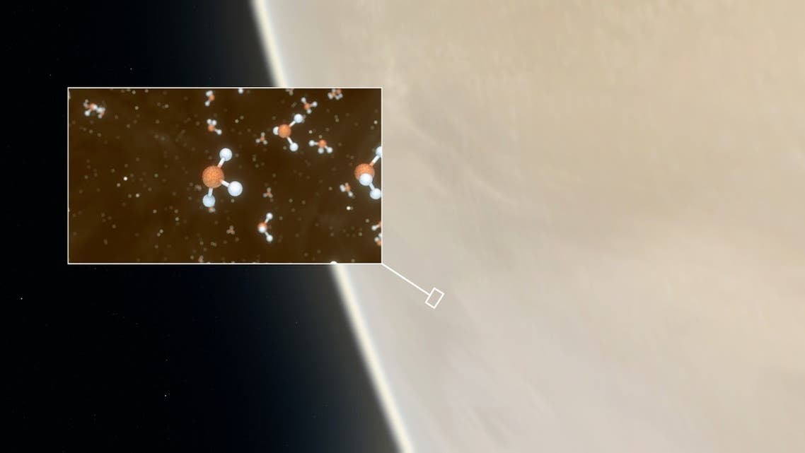 A handout photo made available on September 14, 2020 shows an artistic impression depicting our Solar System neighbor Venus, where scientists have confirmed the detection of phosphine molecules, a representation of which is shown in the inset. (AFP/ European Southern Observatory / NASA / M. Kornmesser/L. Calcada)