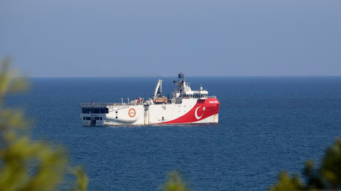 Turkey's research vessel, Oruc Reis anchored off the coast of Antalya on the Mediterranean, Turkey, Sunday, Sept. 13, 2020. Greece's Prime Minister Kyriakos Mitsotakis welcomed the return of a Turkish survey vessel to port Sunday from a disputed area of the eastern Mediterranean that has been at the heart of a summer stand-off between Greece and Turkey over energy rights.(AP Photo/Burhan Ozbilici)