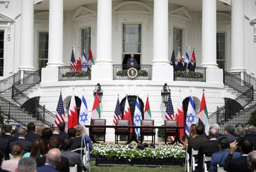 US President Donald Trump speaks as Israeli PM Benjamin Netanyahu, UAE FM Sheikh Abdullah bin Zayed and Bahraini FM Abdullatif Al Zayani at the White House, Sept. 15, 2020. (Reuters)