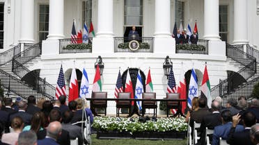US President Donald Trump, Israel's PM Benjamin Netanyahu, UAE FM Sheikh Abdullah bin Zayed and Bahrain’s FM Abdullatif Al Zayani before the signing of the Abraham Accords, in Washington, Sept. 15, 2020. (Reuters)