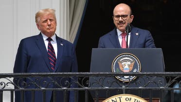 US President Donald Trump watches as Bahrain Foreign Minister Abdullatif al-Zayani(R) speaks from the Truman Balcony at the White House during the signing ceremony of the Abraham Accords where the countries of Bahrain and the United Arab Emirates recognize Israel, on the South Lawn of the White House in Washington, DC, September 15, 2020. Israeli Prime Minister Benjamin Netanyahu and the foreign ministers of Bahrain and the United Arab Emirates arrived September 15, 2020 at the White House to sign historic accords normalizing ties between the Jewish and Arab states.