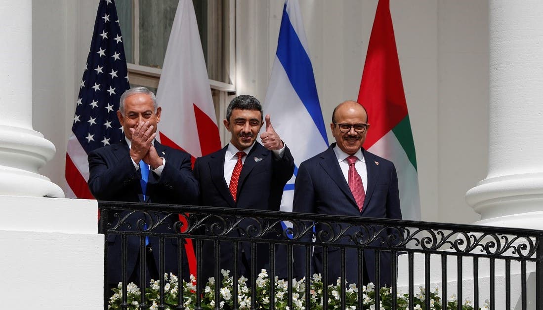 Israel's Prime Minister Benjamin Netanyahu, UAE Foreign Minister Abdullah bin Zayed and Bahrain’s Foreign Minister Abdullatif Al Zayani at the White House in Washington, US, September 15, 2020. (Reuters)