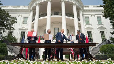President Donald Trump, center, with from left, Bahrain Foreign Minister Khalid bin Ahmed Al Khalifa, Israeli Prime Minister Benjamin Netanyahu, and UAE Foreign Minister Abdullah bin Zayed al-Nahyan on the South Lawn of the White House, Tuesday, Sept. 15, 2020, in Washington. (AP)