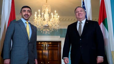 US Secretary of State Mike Pompeo stands with UAE FM Sheikh Abdullah bin Zayed al-Nahyan, at the State Department, Sept. 16, 2020. (AP)