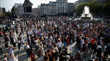 People gather in Trafalgar Square to protest against the lockdown imposed by the government, following the outbreak of the coronavirus, in London, Britain, September 19, 2020. (Reuters)
