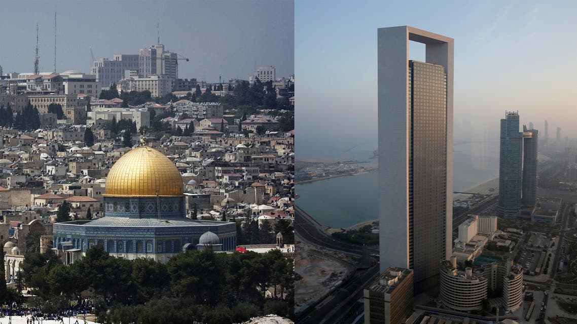 A view of Jerusalem, left, and Abu Dhabi. (AFP)