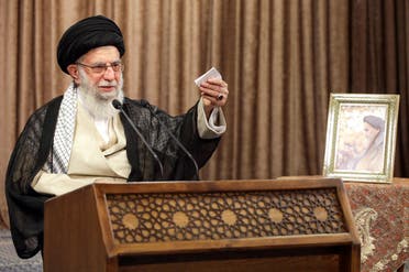 A handout picture provided by the office of Iran’s Supreme Leader Ali Khamenei on September 21, 2020 shows him giving a speech in the capital Tehran. (Khamenei.ir /AFP)