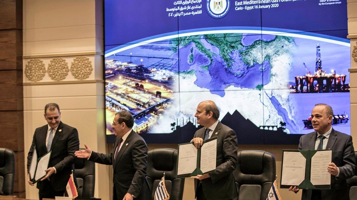 Israeli Energy Minister Yuval Steinitz (R), Greece's Energy Minister Kostis Hatzidakis (2nd-R), Egyptian Minister of Petroleum Tarek el-Molla (2nd-L) and Cypriot Energy Minister Yiorgos Lakkotrypis (L) attend the East Mediterranean Gas Forum , in Cairo, on January 16, 2020. (AFP)