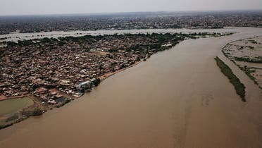 An aerial view shows buildings and roads submerged by floodwaters near the Nile River in South Khartoum, Sudan Sept. 8, 2020. (Reuters)