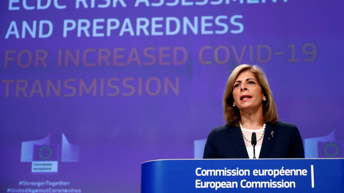 EU Commissioner Kyriakides holds news conference in Brussels. (Reuters)