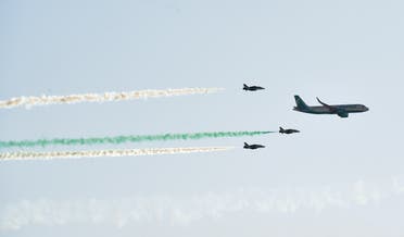 Civil and military aircrafts fly over Riyadh during celebrations marking Saudi Arabi's 90th National Day on September 23, 2020. (AFP)
