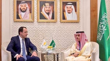 Saudi Arabia’s Foreign Minister Prince Faisal bin Farhan with his Cypriot counterpart Nikos Christodoulides. (Twitter)