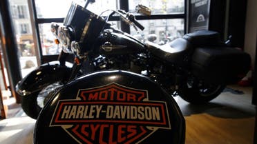 The logo of US motorcycle company Harley-Davidson is seen on one of their models at a shop in Paris, France. (Reuters)