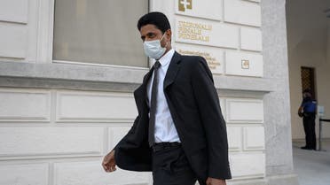 Paris Saint-Germain chief Nasser Al-Khelaifi leaves the Swiss Federal Criminal Court on the opening day of a corruption trial. (AFP)