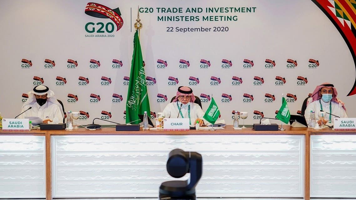 This handout picture released by G20 Saudi Arabia on September 22, 2020, shows Saudi Minister of Commerce Majid al-Qasabi (C) chairing the virtual G20 Joint Extraordinary Meeting of Trade and Investment Ministers. (AFP)