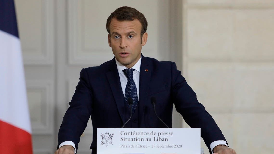 French President Emmanuel Macron speaks during a press conference on the political and economical situation in the Lebanon on September 27, 2020 in Paris. (AFP)