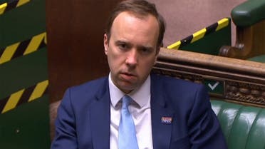 A video grab from footage broadcast by the UK Parliament’s Parliamentary Recording Unit (PRU) shows Britain’s Health Secretary Matt Hancock in the House of Commons in London, May 20, 2020. (AFP)
