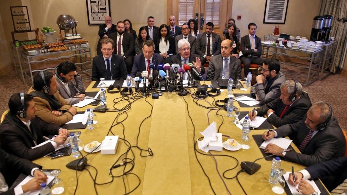 Representatives from the Yemeni government and the Houthi militia pictured during a previous meeting in Geneva. (File photo)