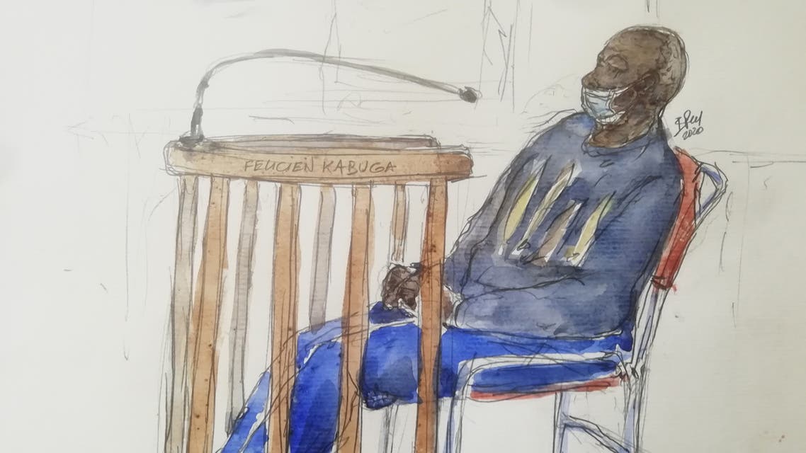 This file courtroom sketch made on May 20, 2020 shows Felicien Kabuga, one of the last key suspects in the 1994 Rwandan genocide, as he appeared publicly for the first time at the Paris Court of Appeal. (AFP)