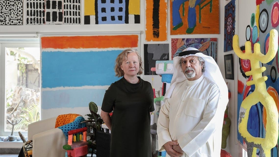 Emirati artist Mohamed Ahmed Ibrahim with curator Maya Allison, Executive Director and Chief Curator of The NYUAD Art Gallery. (Salama bint Hamdan Al Nahyan Foundation)