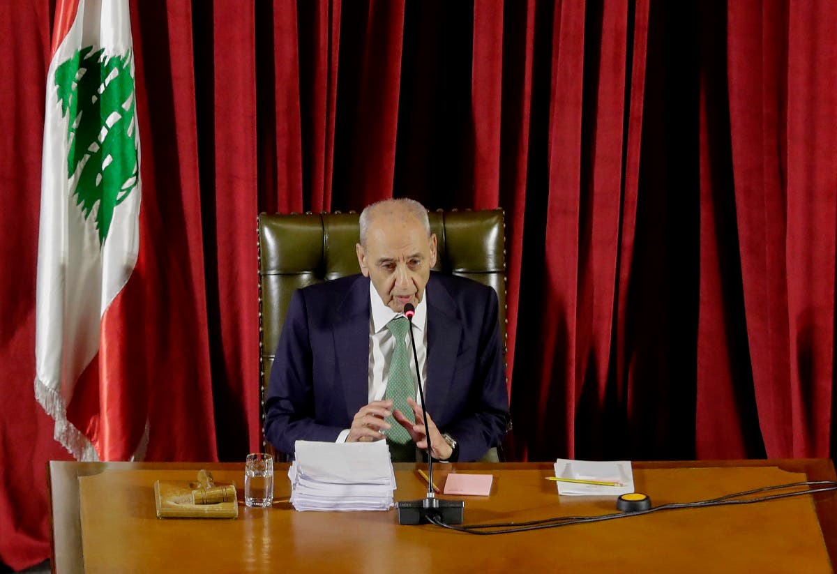 Lebanese Parliament Speaker Nabih Berri chairs a parliament meeting at the Unesco Palace in the capital Beirut, on April 21, 2020. (AFP)