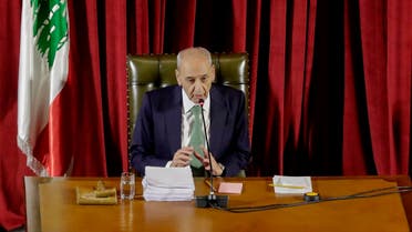 Lebanese Parliament Speaker Nabih Berri chairs a parliament meeting at the Unesco Palace in the capital Beirut, on April 21, 2020. (AFP)