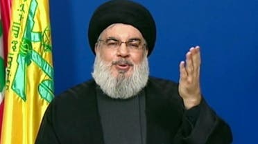 An image grab taken from Hezbollah's al-Manar TV on Sept. 29, 2020 shows Hassan Nasrallah, delivering a televised speech. (AFP)