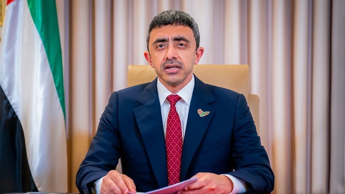 Minister of Foreign Affairs and International Cooperation, Sheikh Abdullah bin Zayed Al Nahyan during his address to the UN General Assembly virtual meetings in New York, on September 29, 2020. (Twitter/@MoFAICUAE)